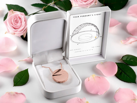 Rose gold pendant necklace in a white jewelry box with personalized packaging.