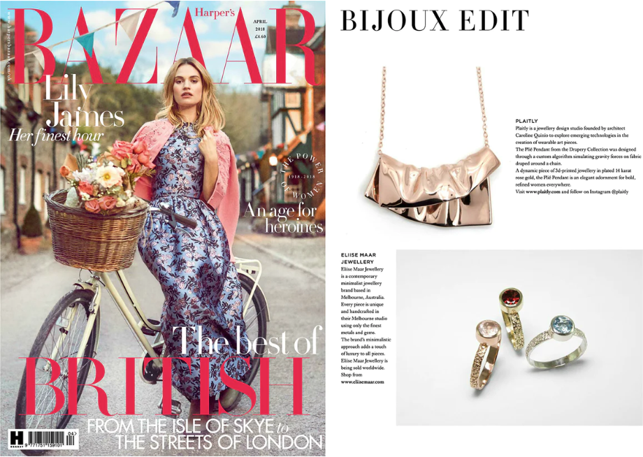 Large rose gold statement pendant necklace by PLAITLY in Harper's Bazaar magazine