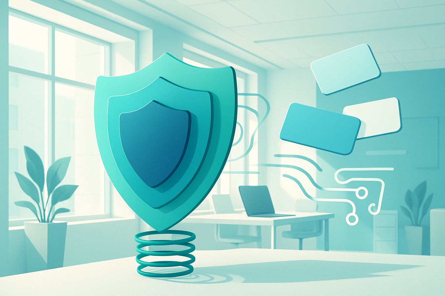 Modern office with translucent shields, metallic coils, geometric shapes, and digital circuit elements.