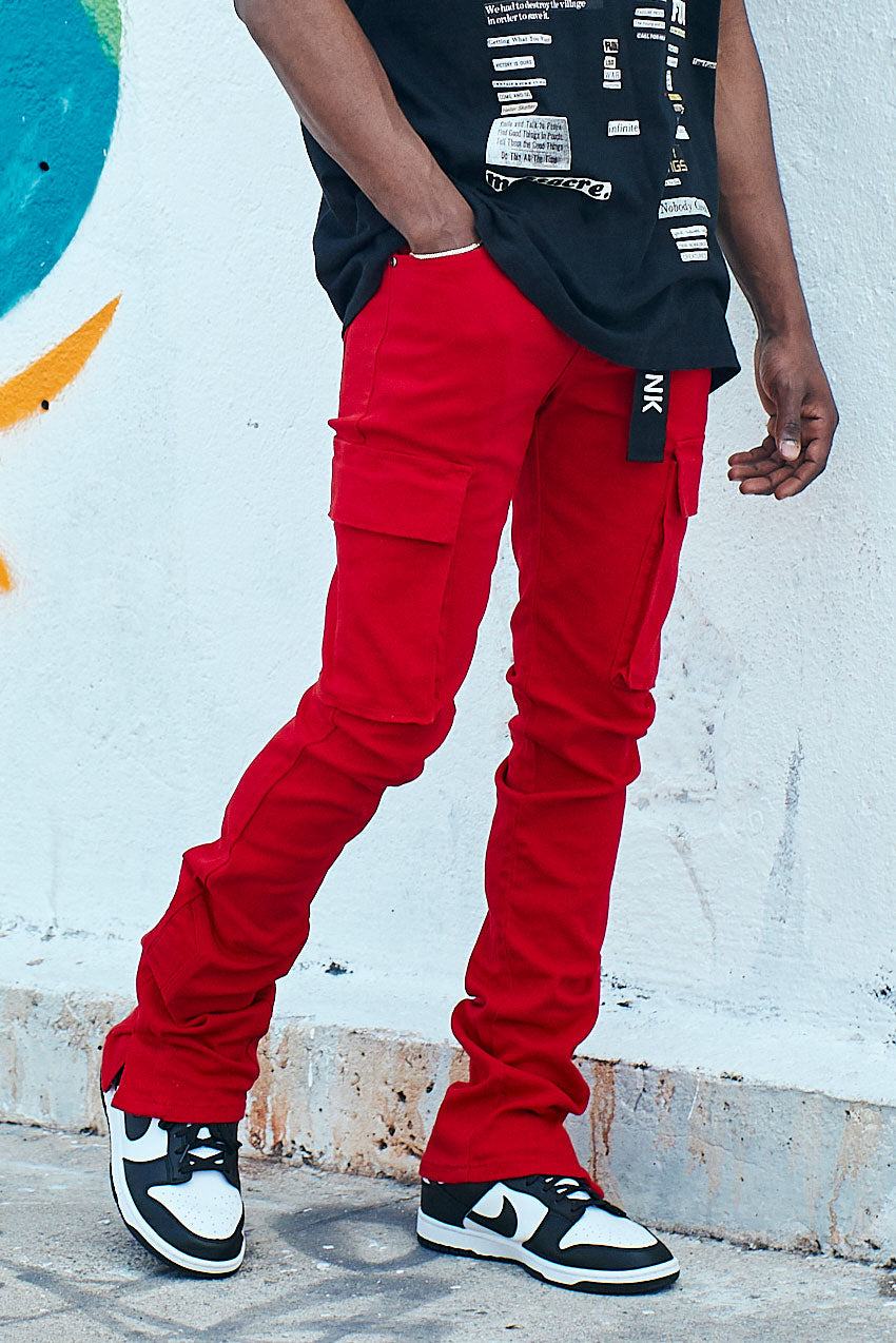 Black cotton twill cargo pants, multi-pocket, slim fit, Gado Red