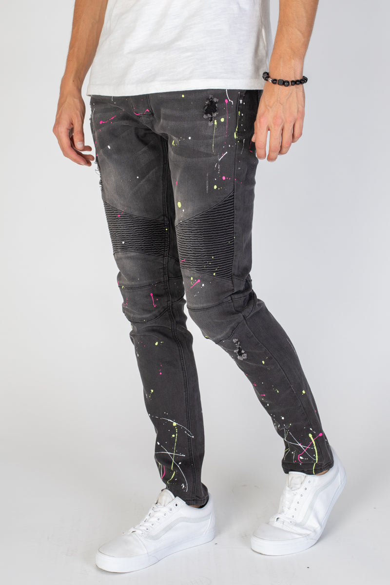 Distressed Moto Jeans with Neon Paint Splatter (Dark Medium Gray) – KDNK