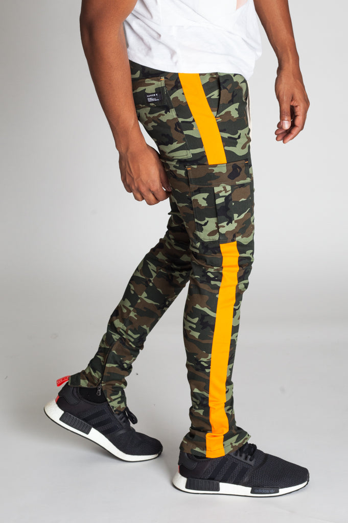 camo pants with yellow stripe