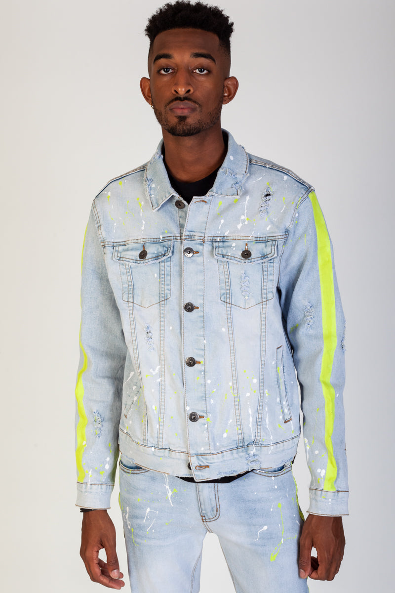 PAINT STRIPED DENIM JACKET W/ NEON PAINTS SPLATTER