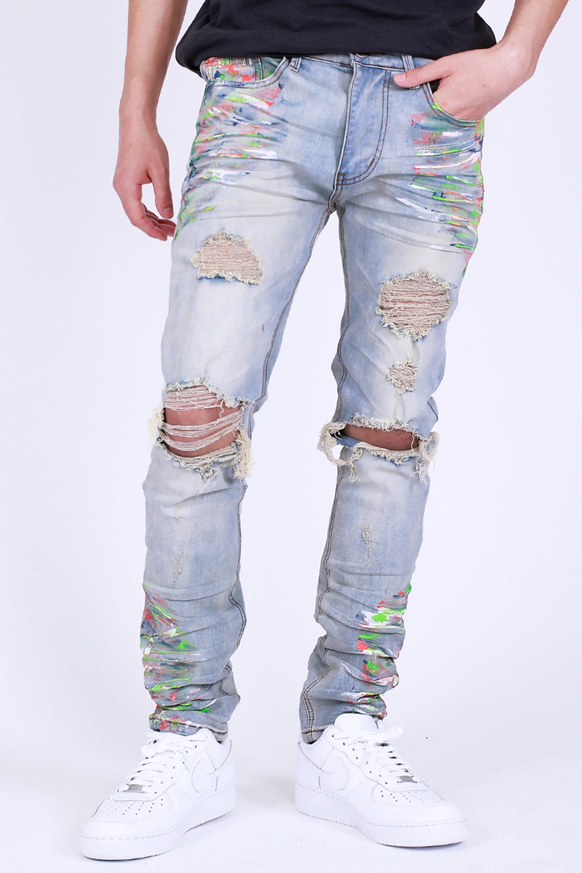 Ripped Jeans with Multi-Paint Splatter (Light Blue) – KDNK