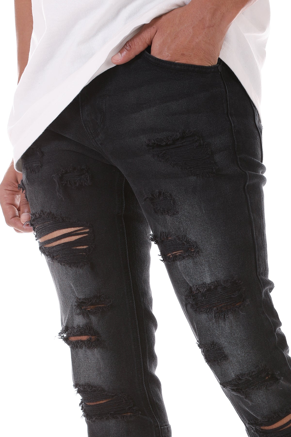 MULTI-DISTRESSED JEANS WITH ANKLED ZIPPERS