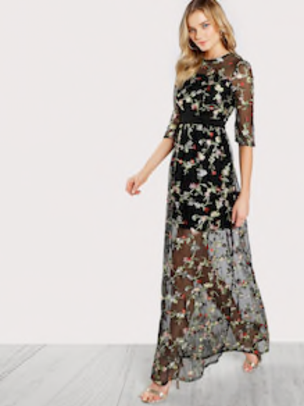 black floral embroidered mesh dress