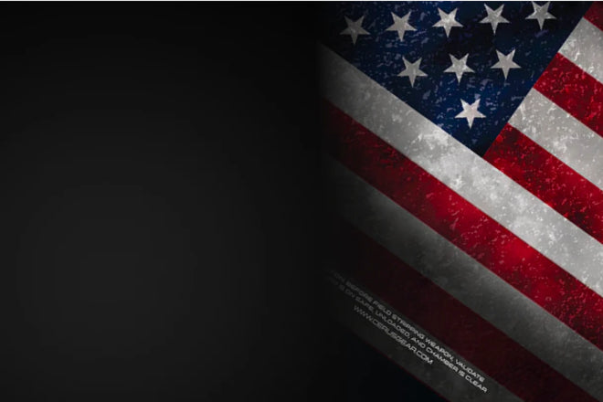 Grunge-style American flag partially visible on the right side over a black background, symbolizing Made in USA branding.