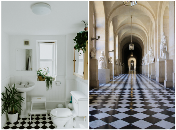 Bathroom and entryway with checkerboard tile flooring