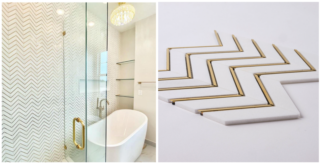 Glam Thassos White and Gold Brass Chevron Marble Mosaic