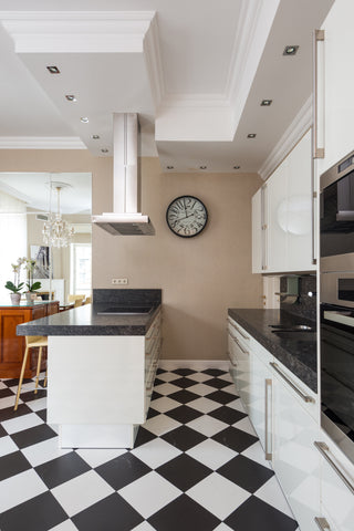 Kitchen with black and white tile
