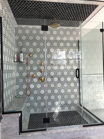 Carrara White 8x9 Milano Hexagon with Black Marble Mosaic