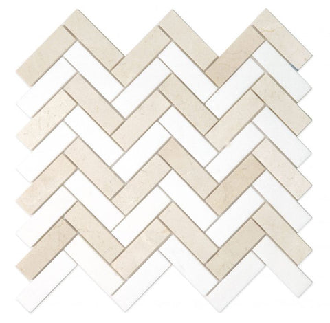 Crema Marfil & Thassos White Marble Herringbone Tile