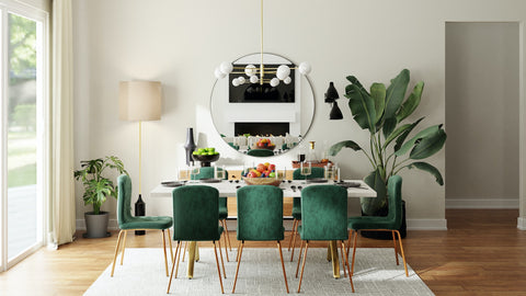 Dining room with emerald-colored chairs