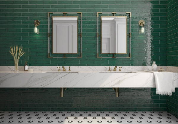 Bathroom with emerald green tiled wall