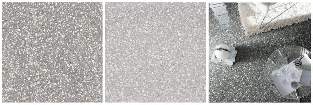 Flake terrazzo in light gray, dark gray, and black