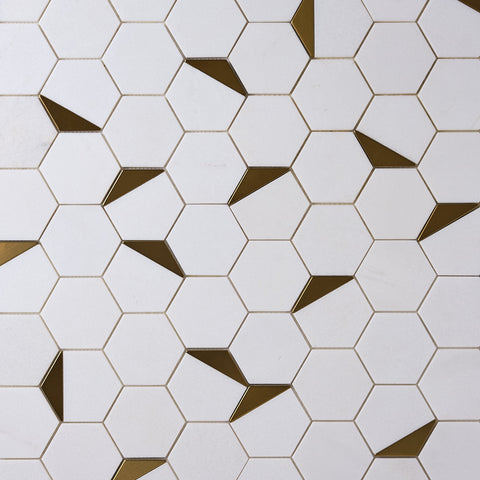 Glam Thassos White & Gold Brass Hexagon Mosaic