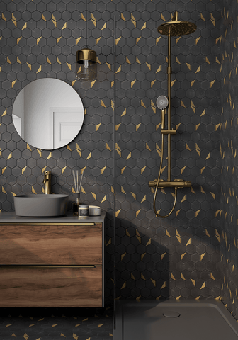 Glam Nero Marquina and Gold Brass Hexagon Mosaic