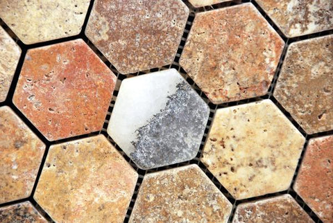 Scabos Travertine 2” Tumbled Hexagon Mosaic Tile