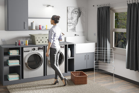 Laundry room with wood-look tile