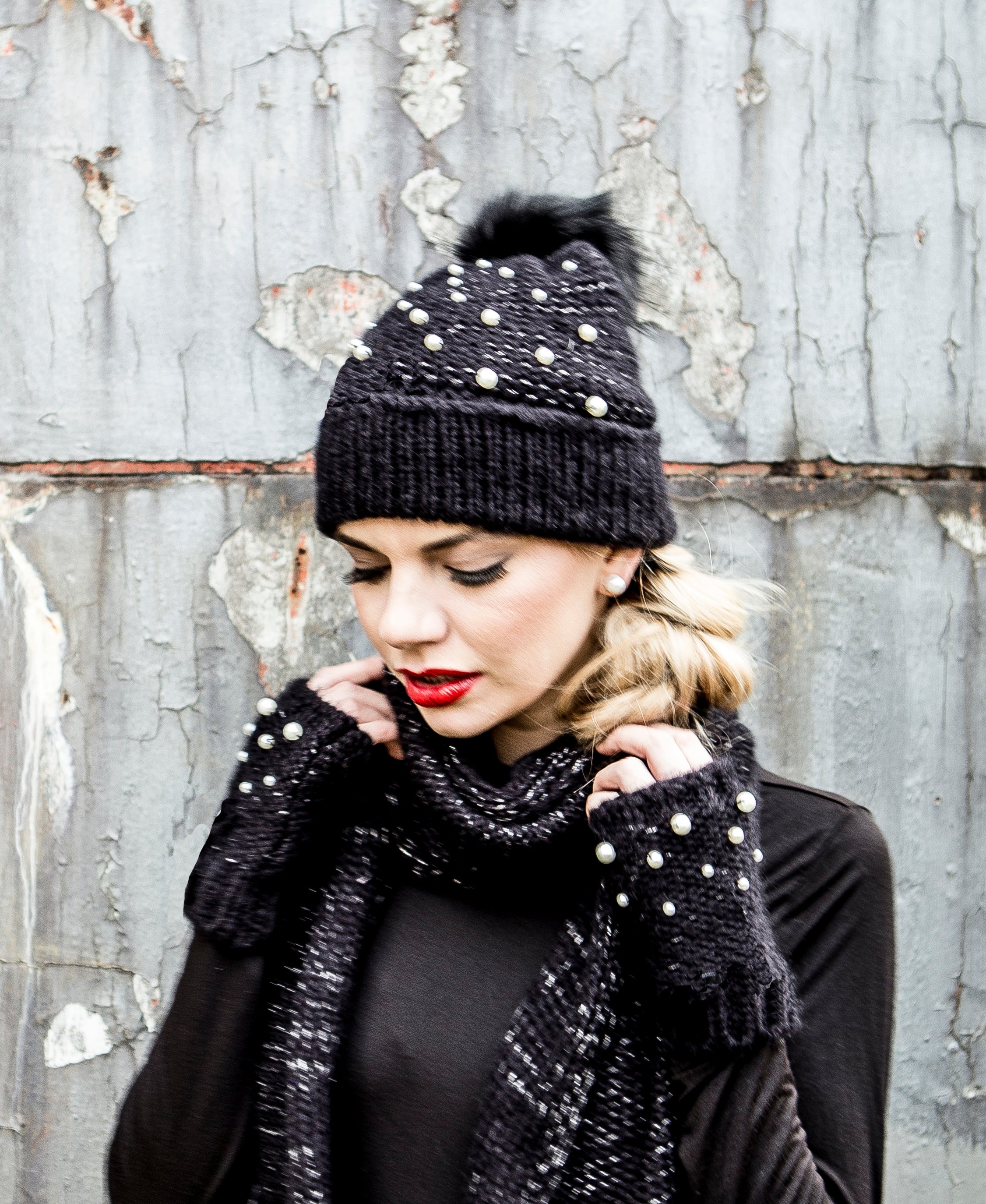 Black Embellished Beanie & Handwarmer Set