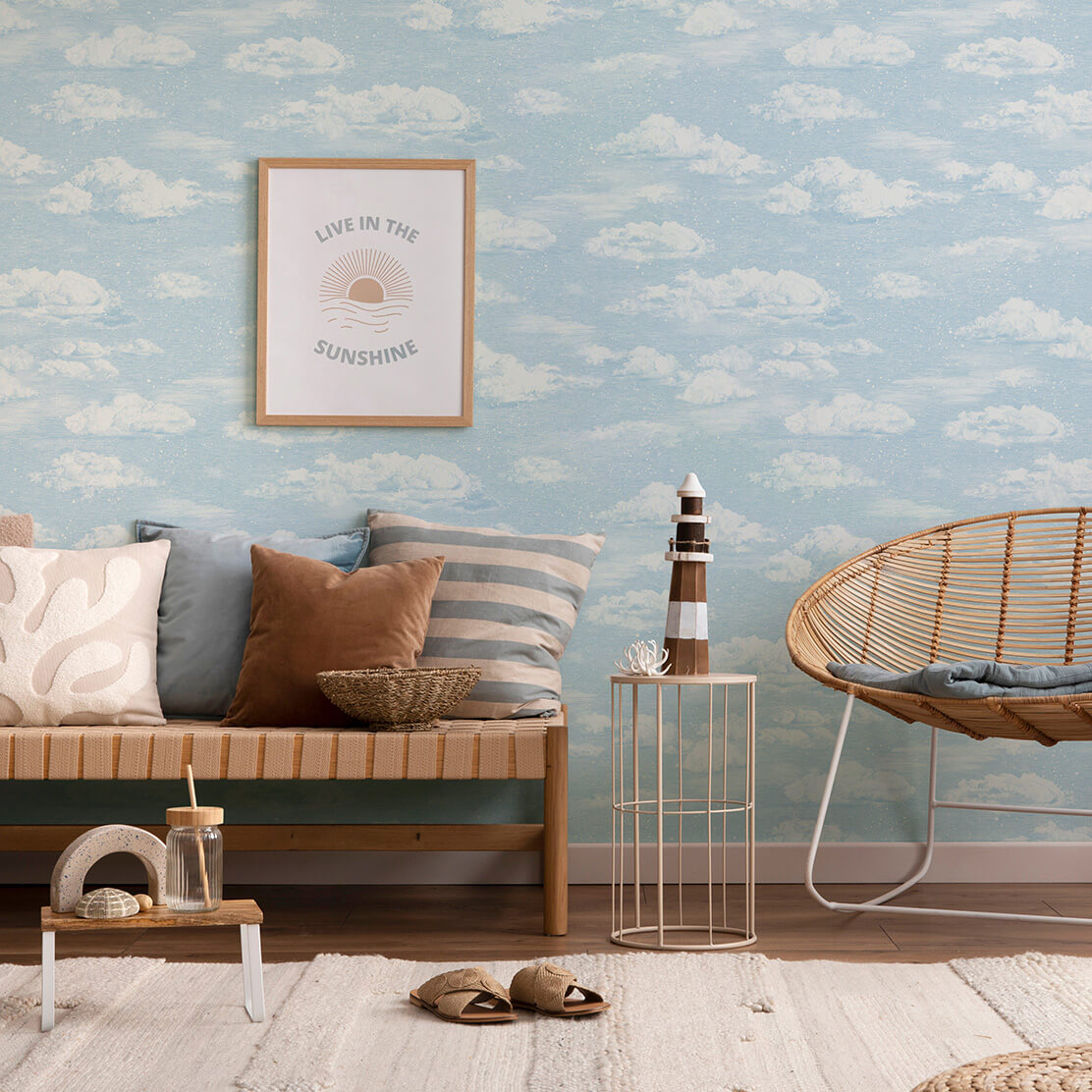 Blue sky clouds wallpaper in entryway in beach house