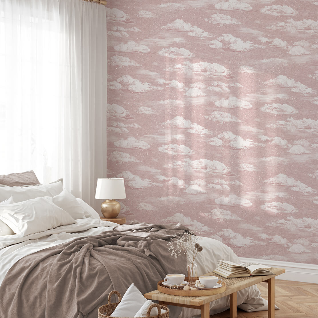 Pink clouds wallpaper in bohemian bedroom