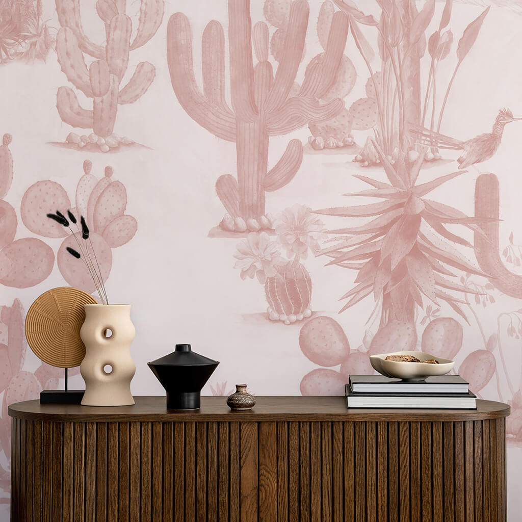 Desert Mural Wallpaper in Pink close up behind counter Sian Zeng