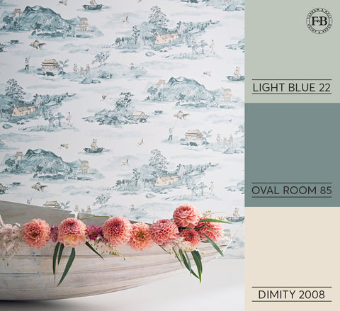 Papel pintado Sian Zeng Classic Mountains en Blue Peach, combinado con los colores de pintura Farrow & Ball