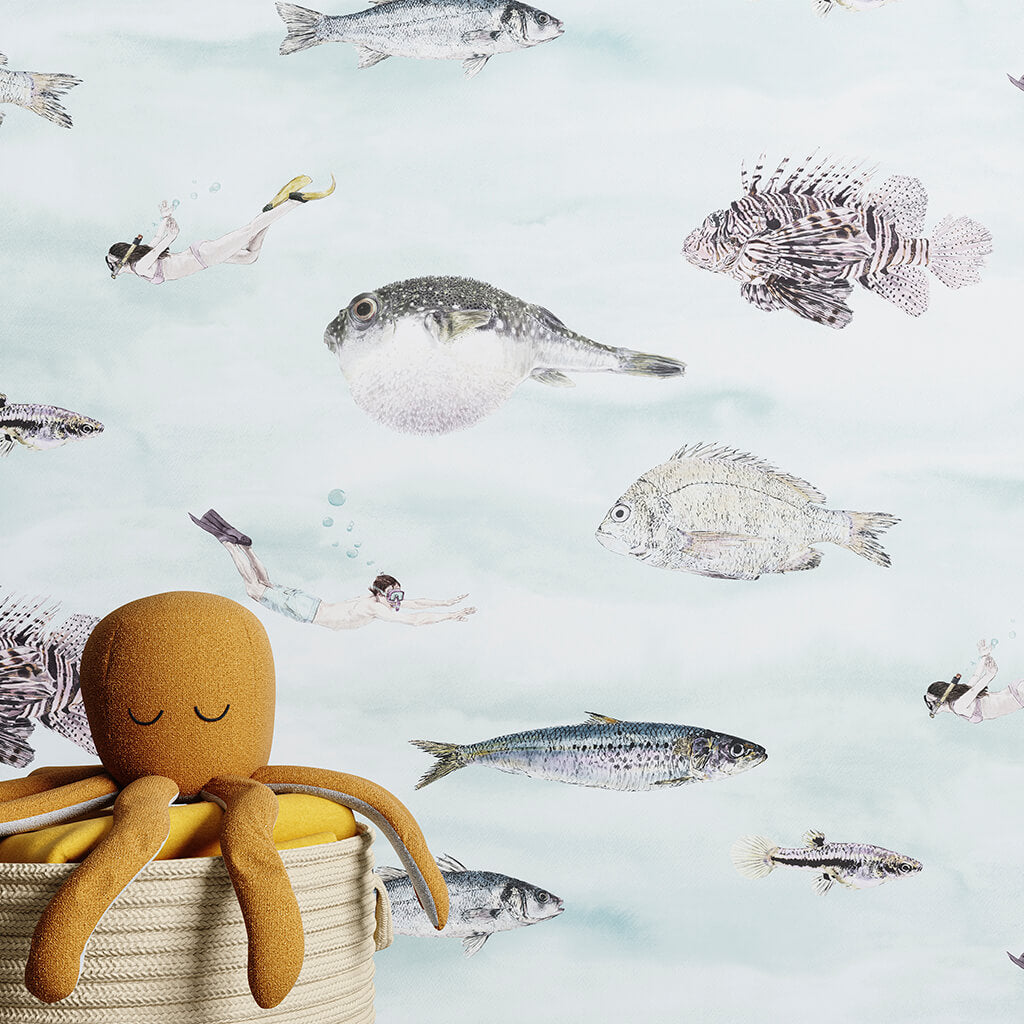 Illustrated fish wallpaper in Blue by Sian Zeng