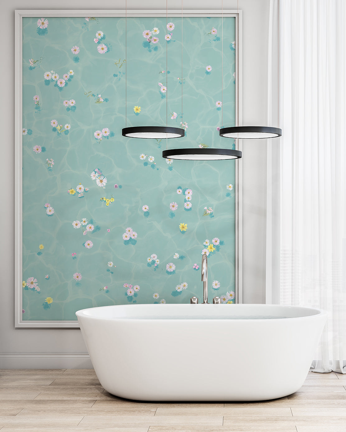 blue floral wallpaper in bathroom behind bathtub