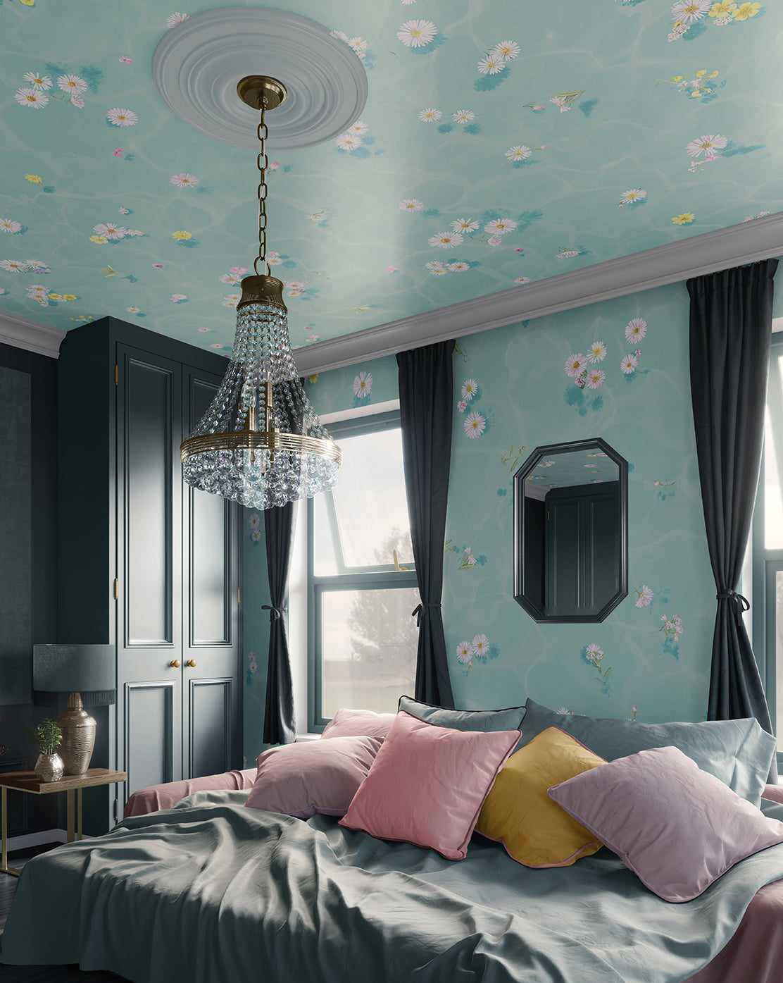 blue floral wallpaper on wall and ceiling
