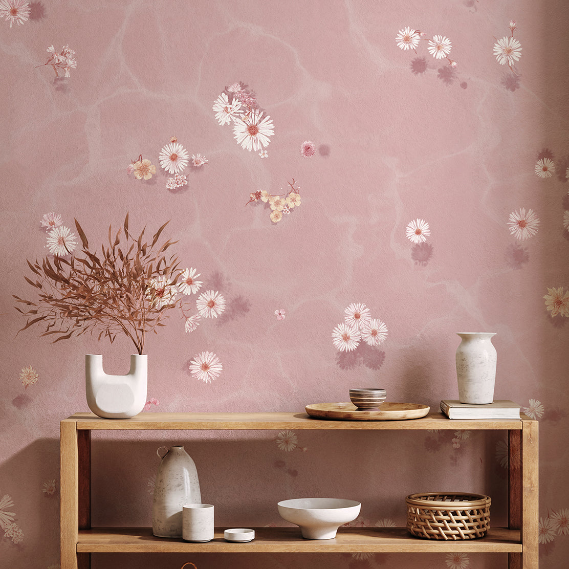 pink floral wallpaper in kitchen behind shelf