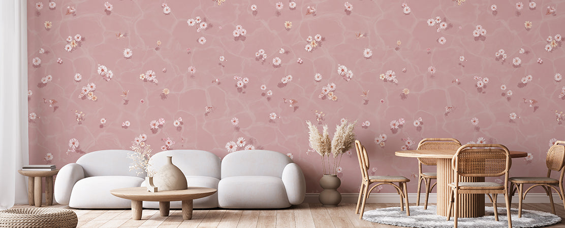 pink floral wallpaper in living room