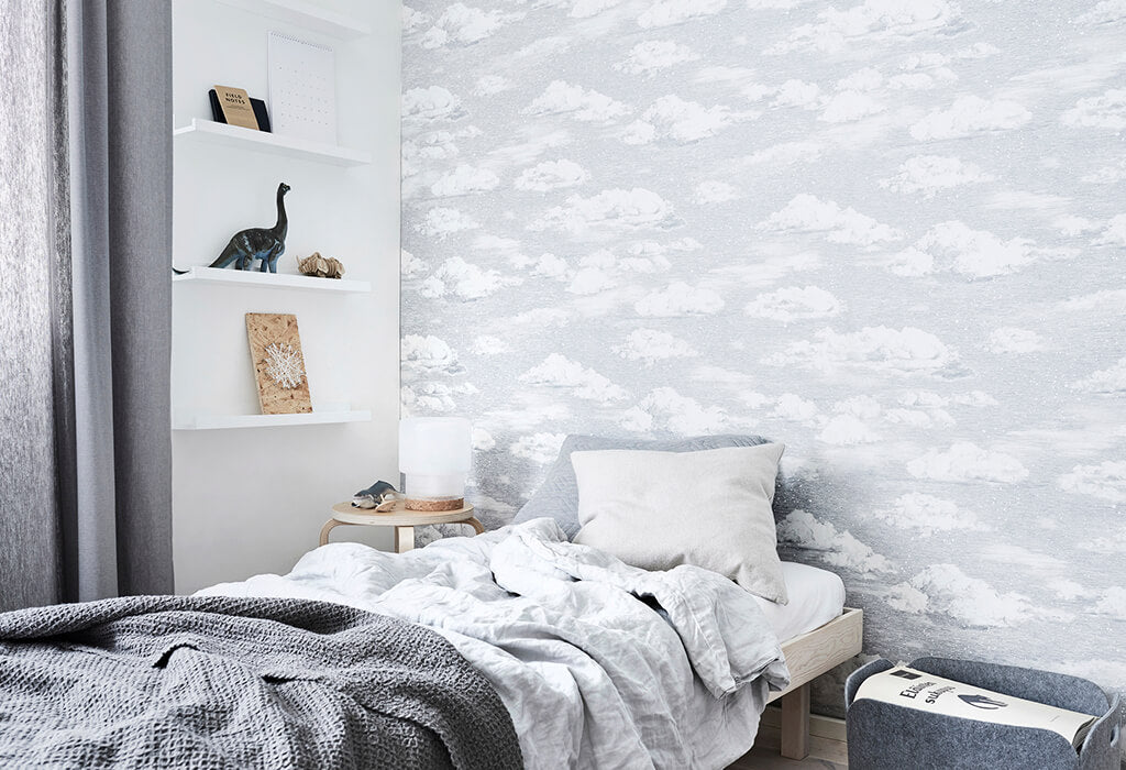 Grå sovrum har väggidé med hjälp av sianen zeng vinter snowdrift tapeter