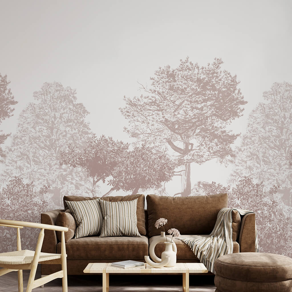 Brown trees wallpaper mural behind sofa in living room