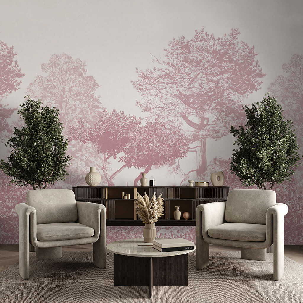 Purple trees wallpaper mural in lounge behind counter