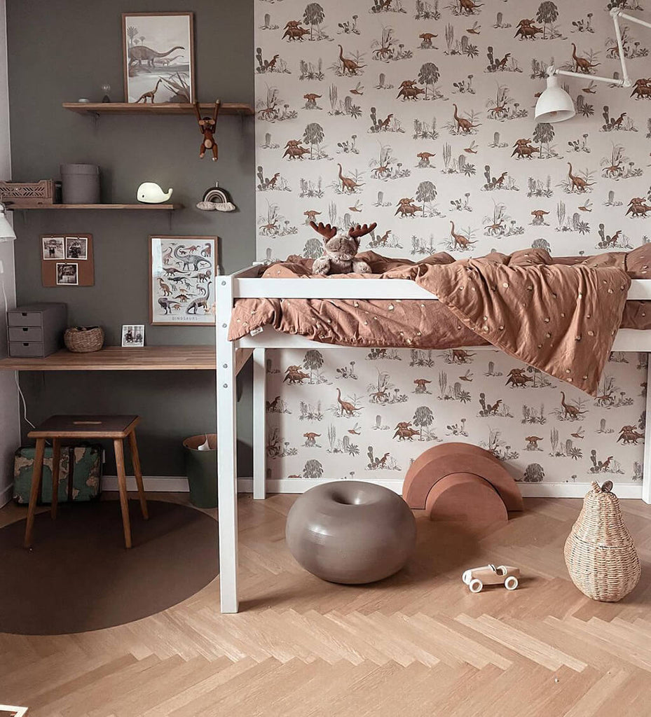 Kids bedroom with neutral colours and Dino wallpaper by Sian Zeng feature wall