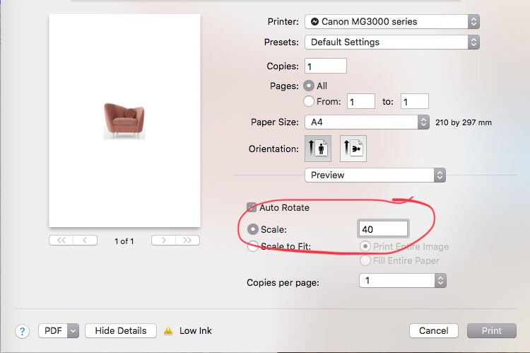 Screenshot der Änderung des Prozentsatzes am Drucker