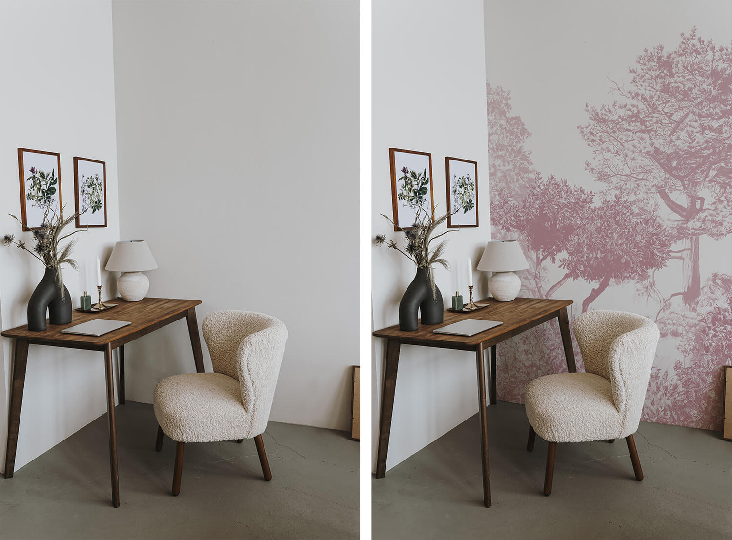 Before and after of trees mural wallpaper