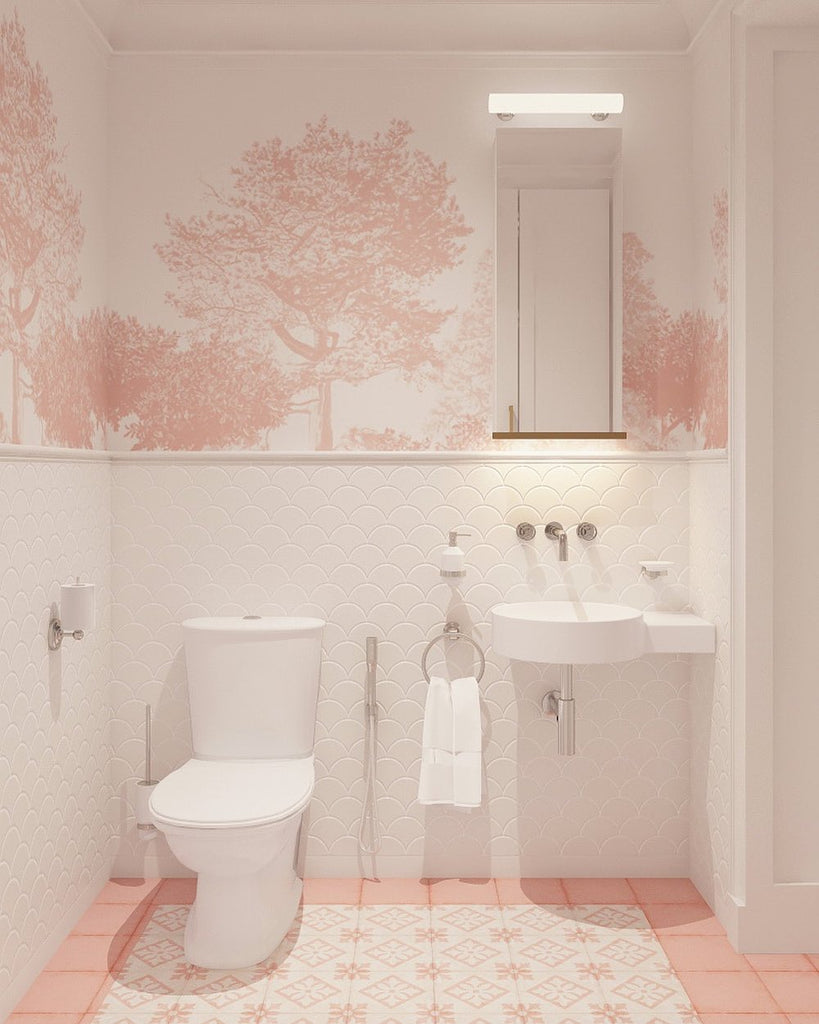 pink and white bathroom scheme with Hua Trees mural wallpaper