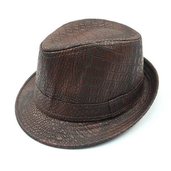 Mens PU Leather Crocodile Pattern Jazz Hat Outdoor Middle-aged Wide Brimmed Fedora Hats