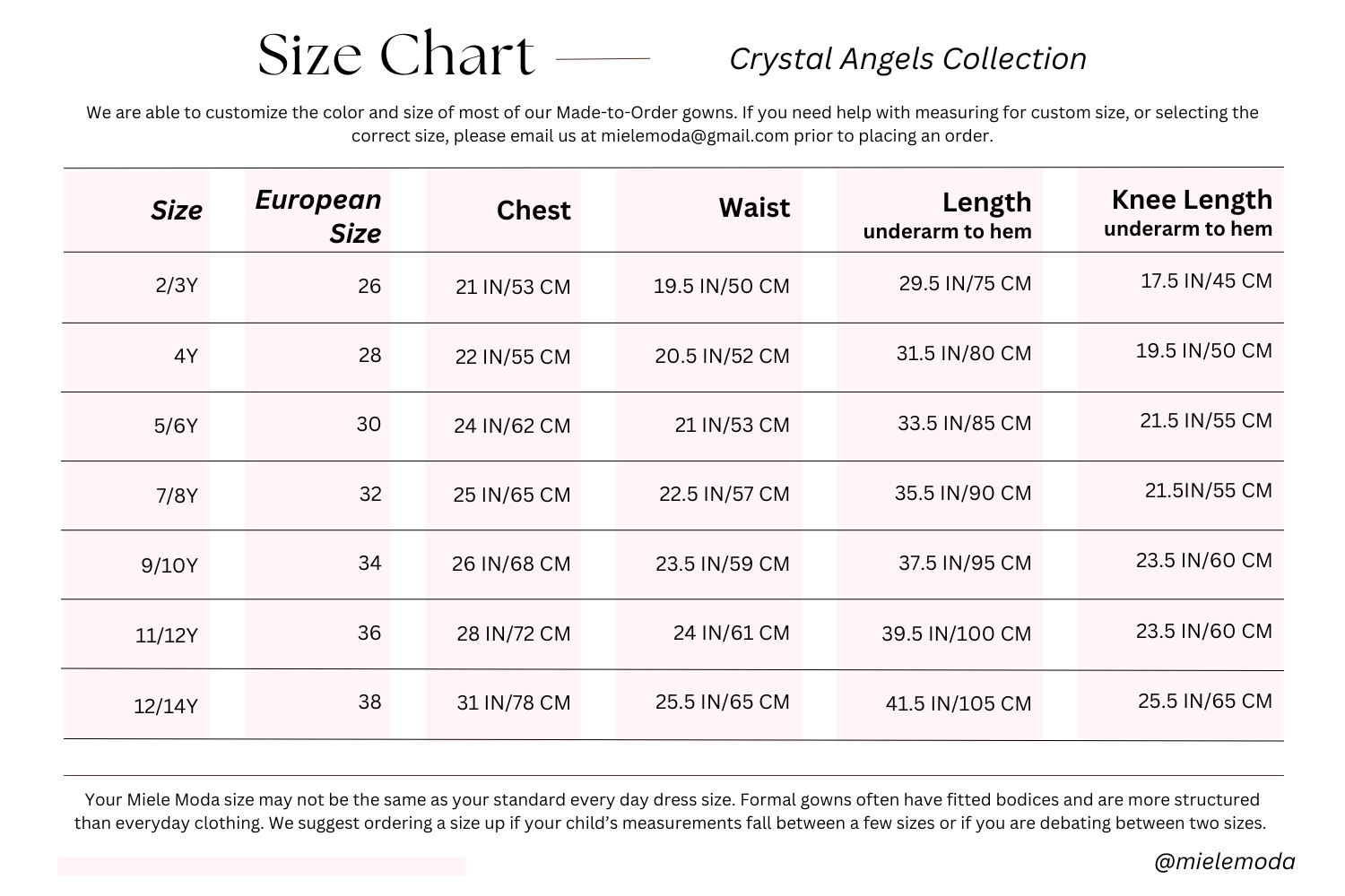 Crystal Angels Collection Size Chart Miele Moda Luxury Fashion