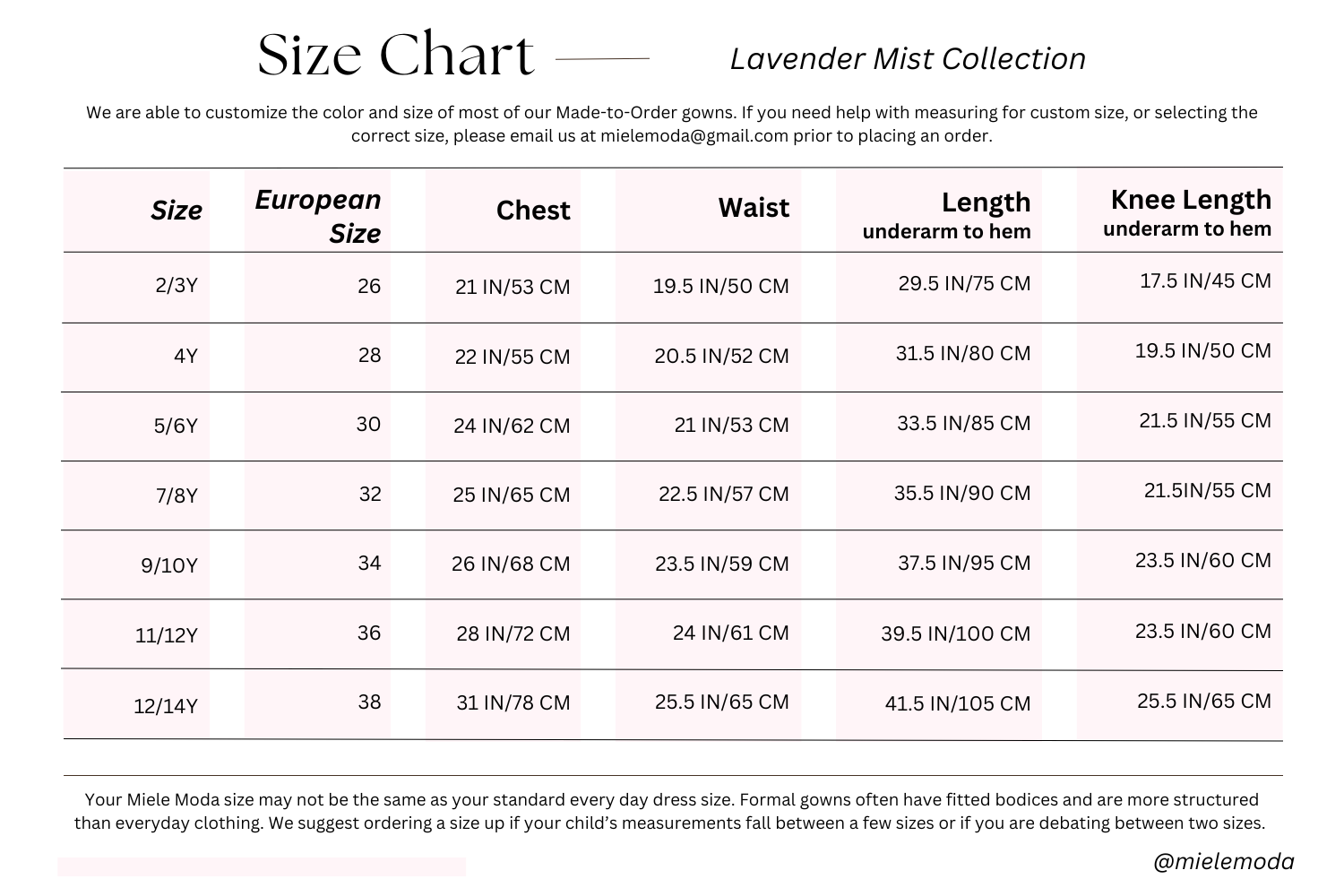 Lavender Mist Collection Size Chart Miele Moda Luxury Fashion