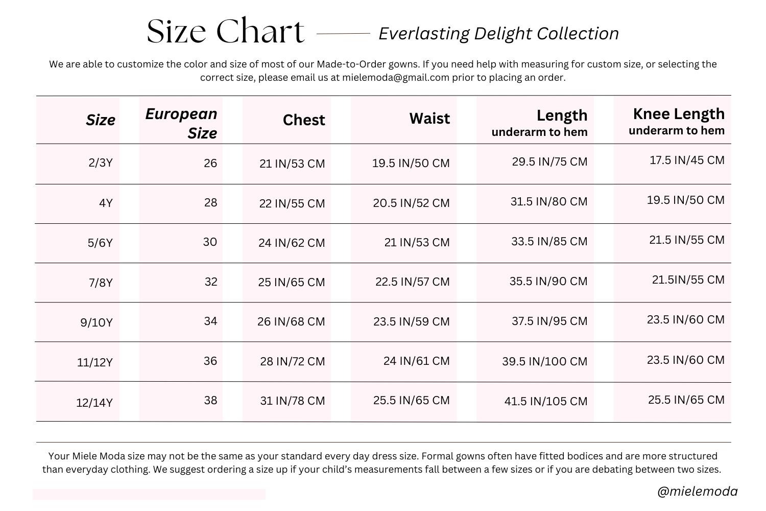 Everlasting Delight Collection Size Chart Miele Moda Luxury Fashion