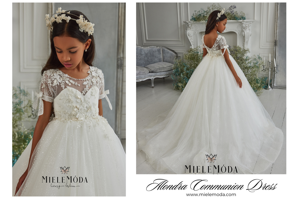 Alondra First Holy Communion Luxury Designer Dress by Miele Moda Luxury Fashion