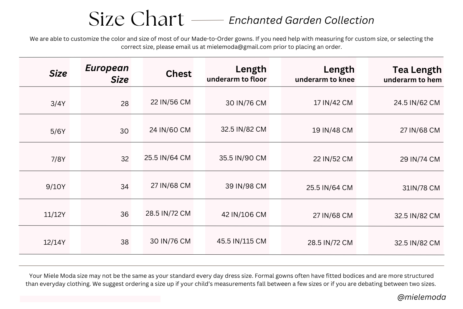 Enchanted Garden Collection Size Chart - Miele Moda Luxury Fashion