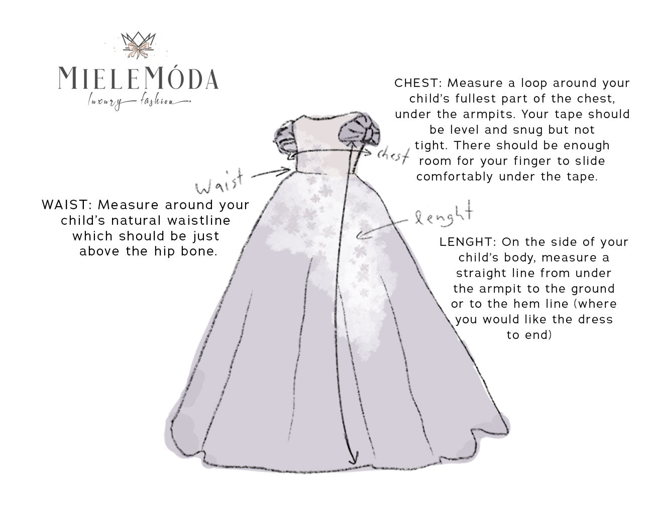 <alt>flower girl dress drawing showing how to measure miele moda boutique</alt>