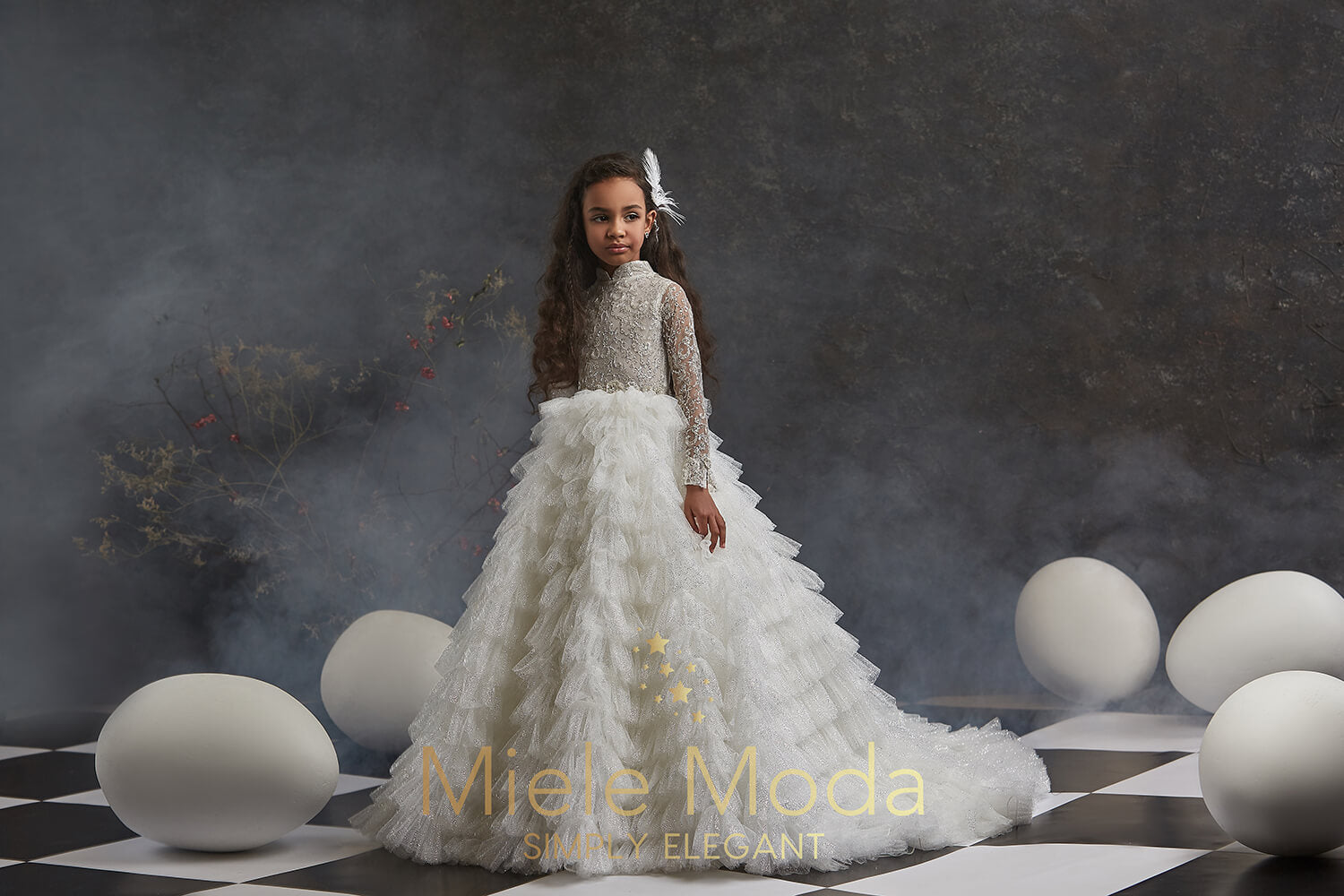 Pretty girl wearing Josephina Shimmering Flower Girl Couture Dress-by Miele Moda Boutique