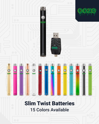 Ooze Slim Twist Vape Pen Batteries in all 15 colors. The black is shown at the top.