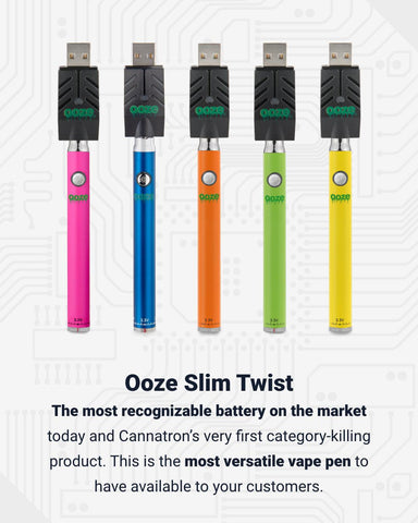 5 Ooze Slim Twist vape pen batteries are lined up together with the smart USB chargers attached. from left to right, the colors are pink, blue, orange, green, and yellow. Below is text explaining why these batteries are category killers